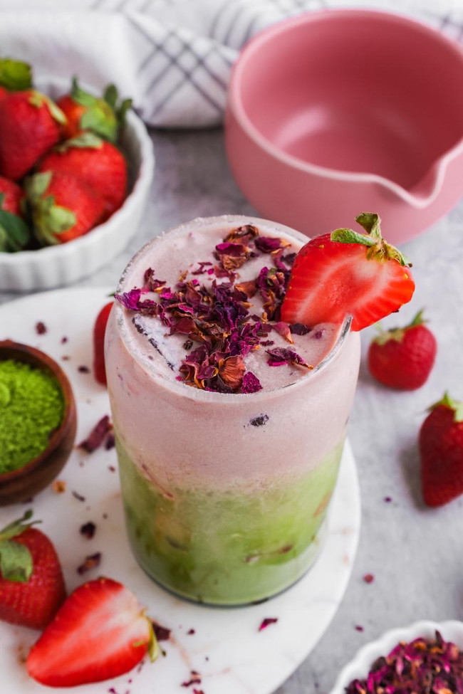 Image of 🍓🌹 Strawberry Rose Iced Matcha Latte 🌿✨