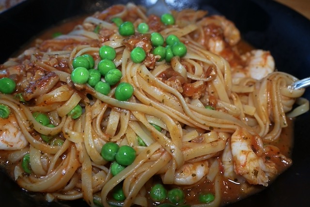 Tomato Basil Seafood Pasta with Green Peas