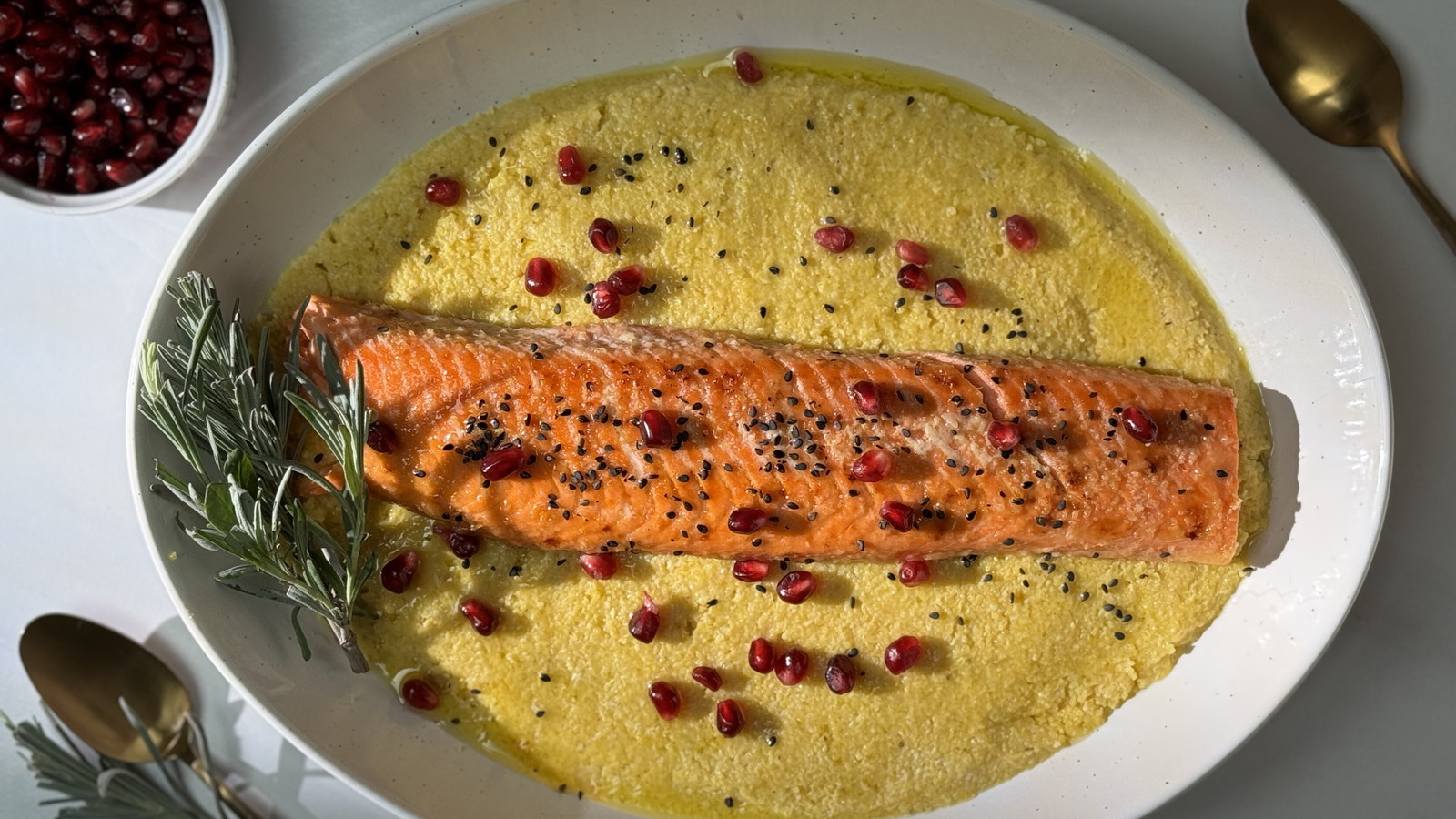 Maple Garlic Steelhead on Polenta with Pomegranate Garnish-image