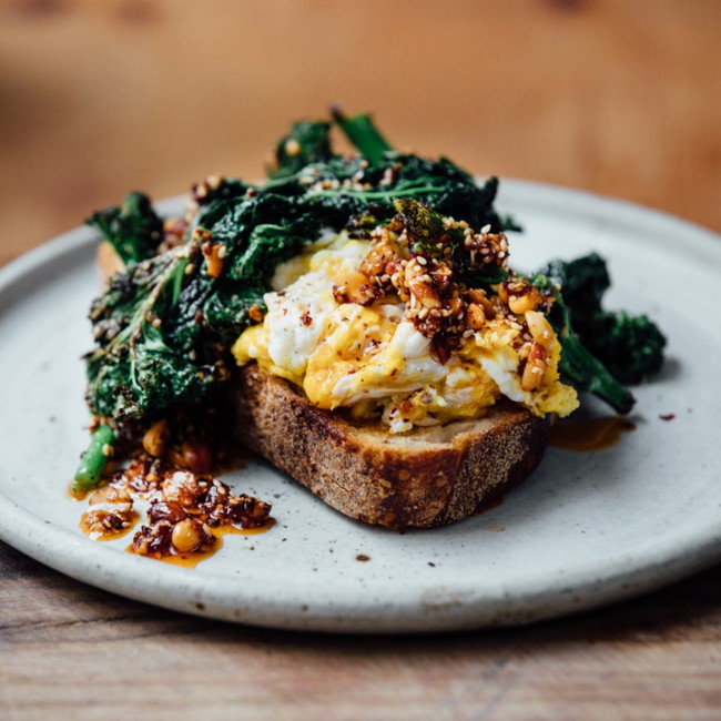 Image of Cheesy Eggs with Kale  & Peanut Rāyu