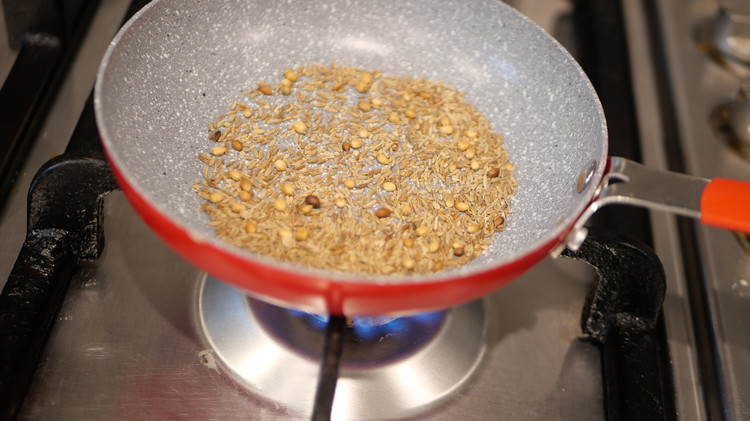 Image of Roast spices in a dry pan until fragrant 30 seconds while continuously stirring. Allow to cool and grind in a spice grinder or mortar and pestle. 