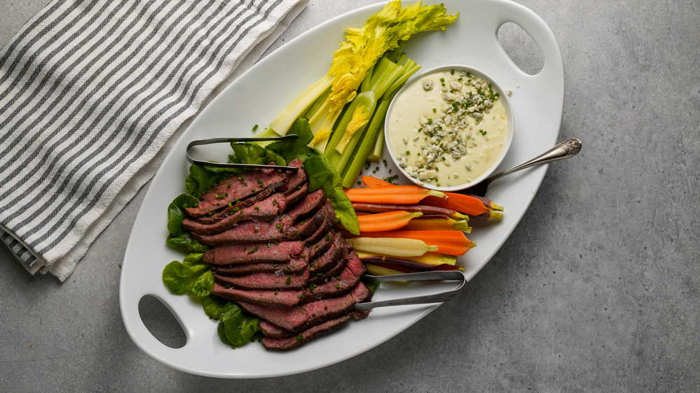 Image of Flat Iron Steak with Warm Garlic and Blue Cheese Sauce