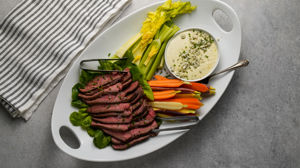 Flat Iron Steak with Warm Garlic and Blue Cheese Sauce