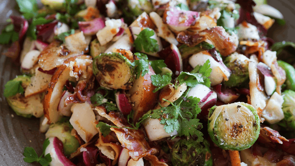 A Perfect Winter Salad: Brussels Sprouts, Crispy Pancetta, and Balsamic Vinaigrette