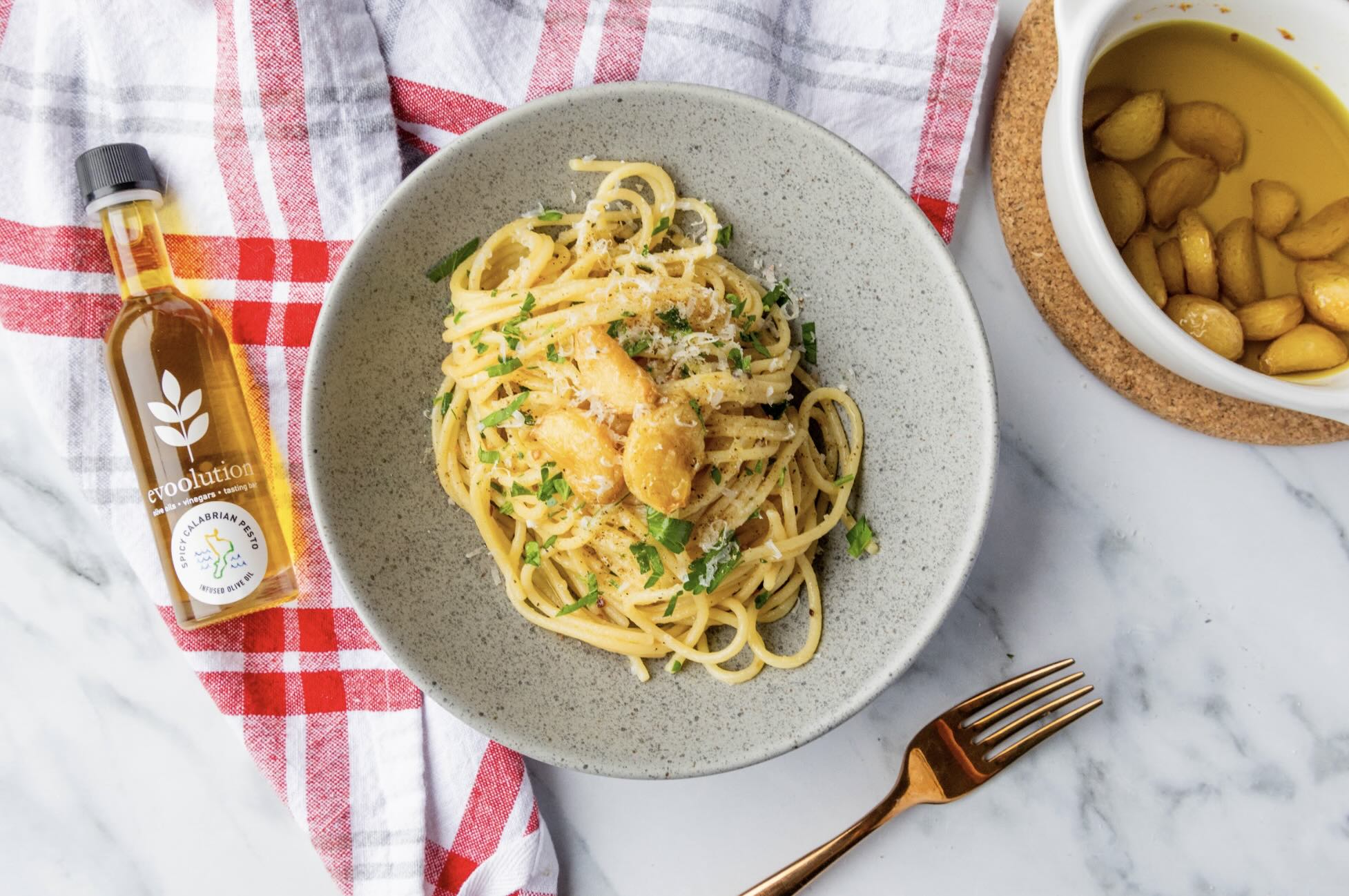 Image of Spaghetti Aglio e Olio with Spicy Calabrian Pesto Olive Oil Confit Garlic