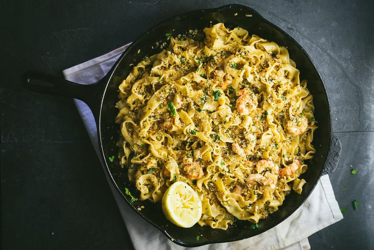 Spot Prawn Pasta With Herby Breadcrumb Top