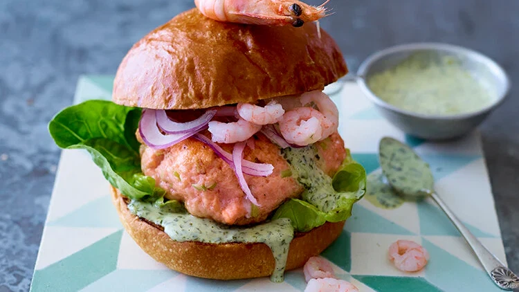 Image of Salmon & Prawn Brioche Burgers With Watercress, Lime & Wasabi Mayo