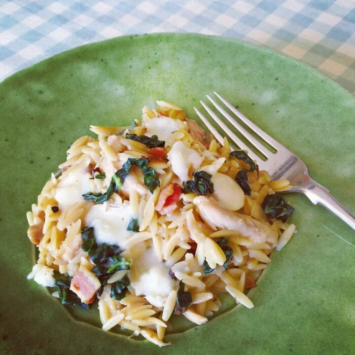 Chicken, Bacon, Wild Mushroom & Kale Orzo Risotto