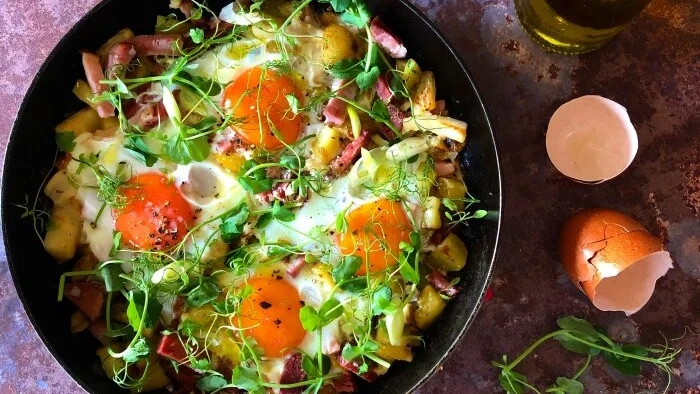 Image of Celeriac, Potato & Ham Hash With Baked Eggs