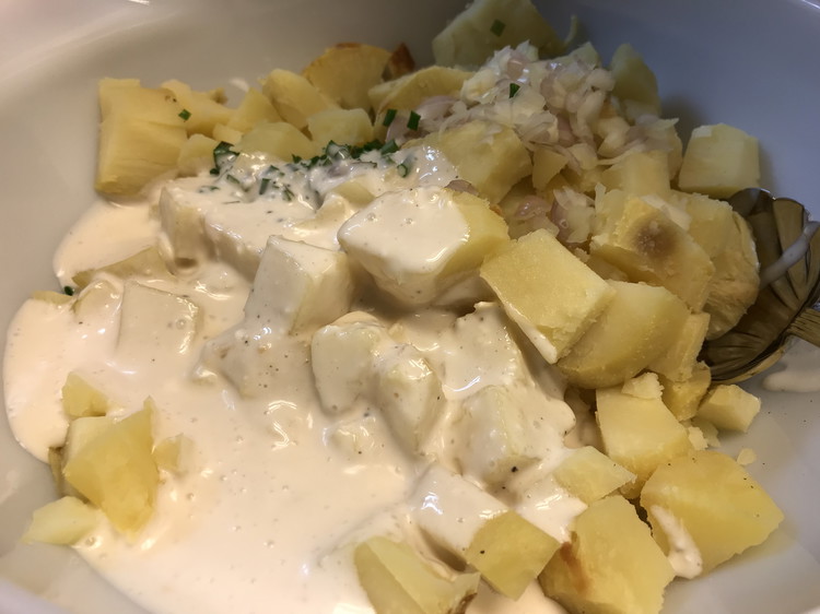 Image of Now add the creamy dressing you made to your potatoes, chives, and sweet onions/shallots and mix all together!!! 