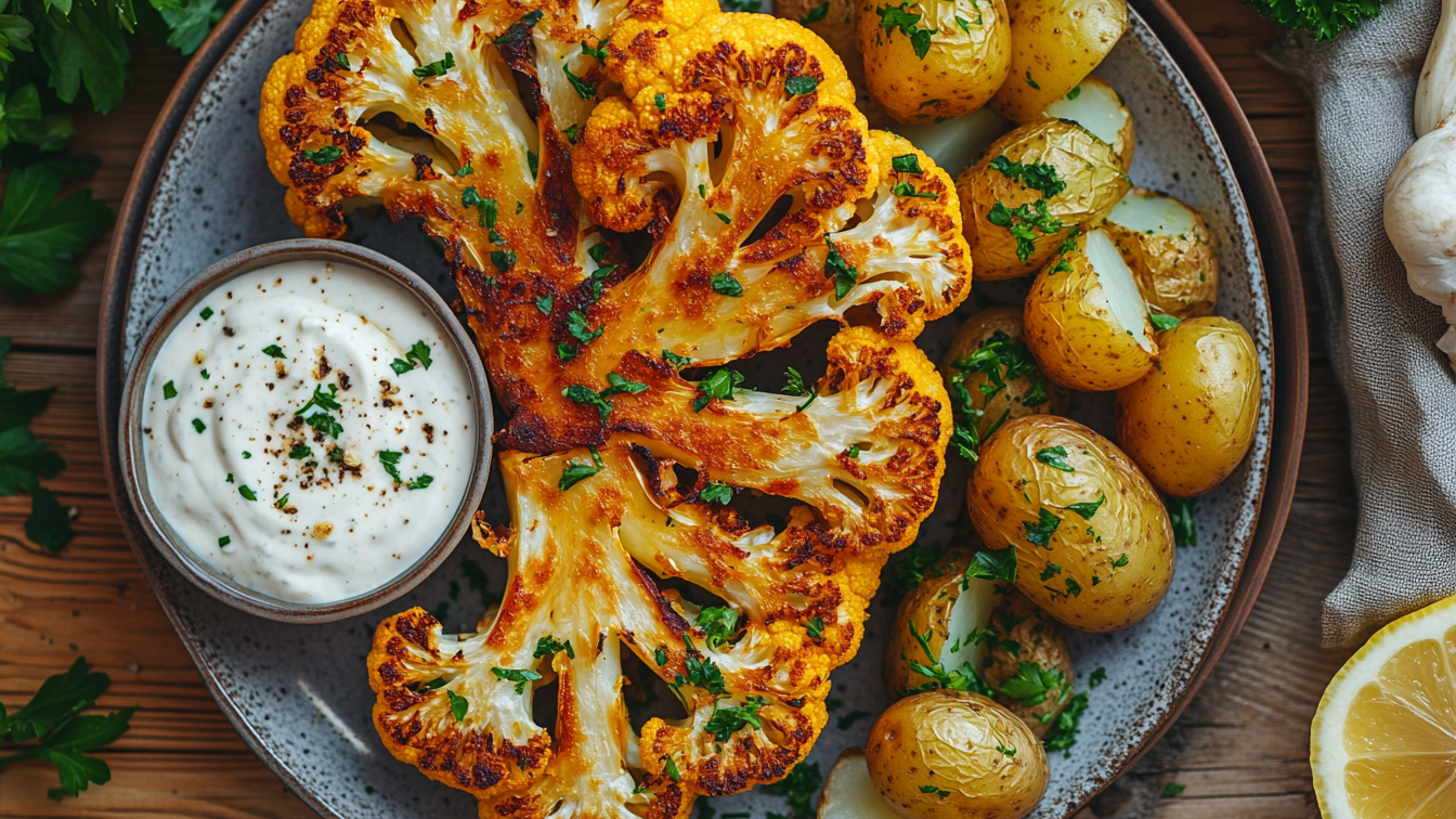 Image of Vegane Blumenkohlsteaks mit Kartoffeln und Knoblauchdip