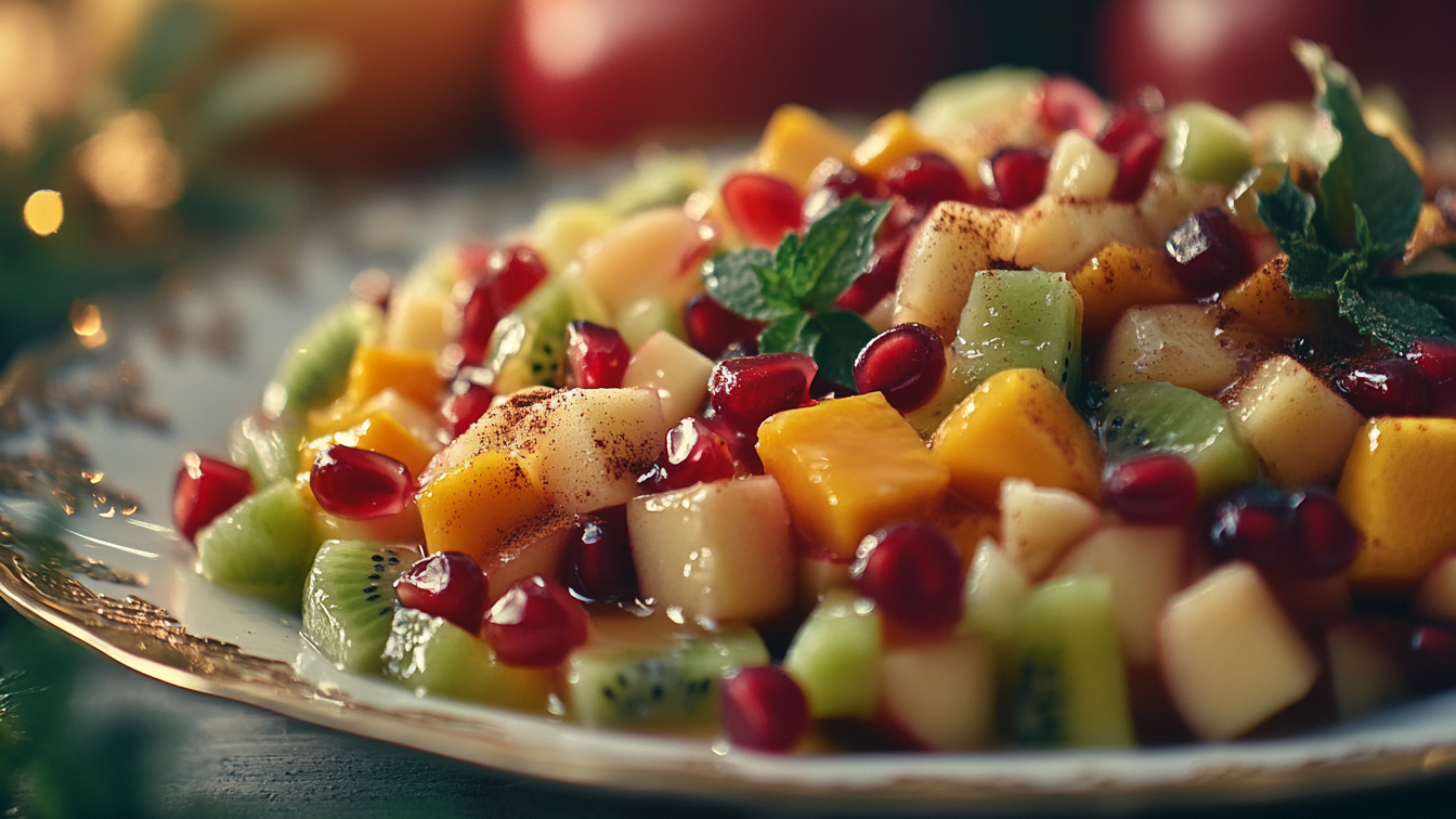 Fruchtsalat mit Orange, Apfel, Granatapfel, Mango, Trauben und Kiwi