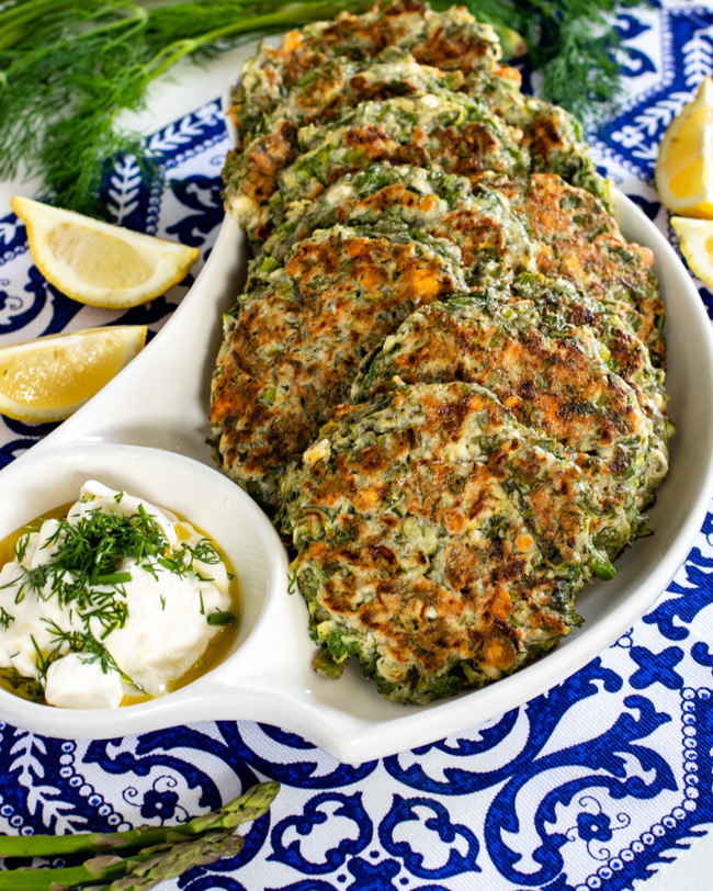 Image of Zucchini and asparagus fritters with feta