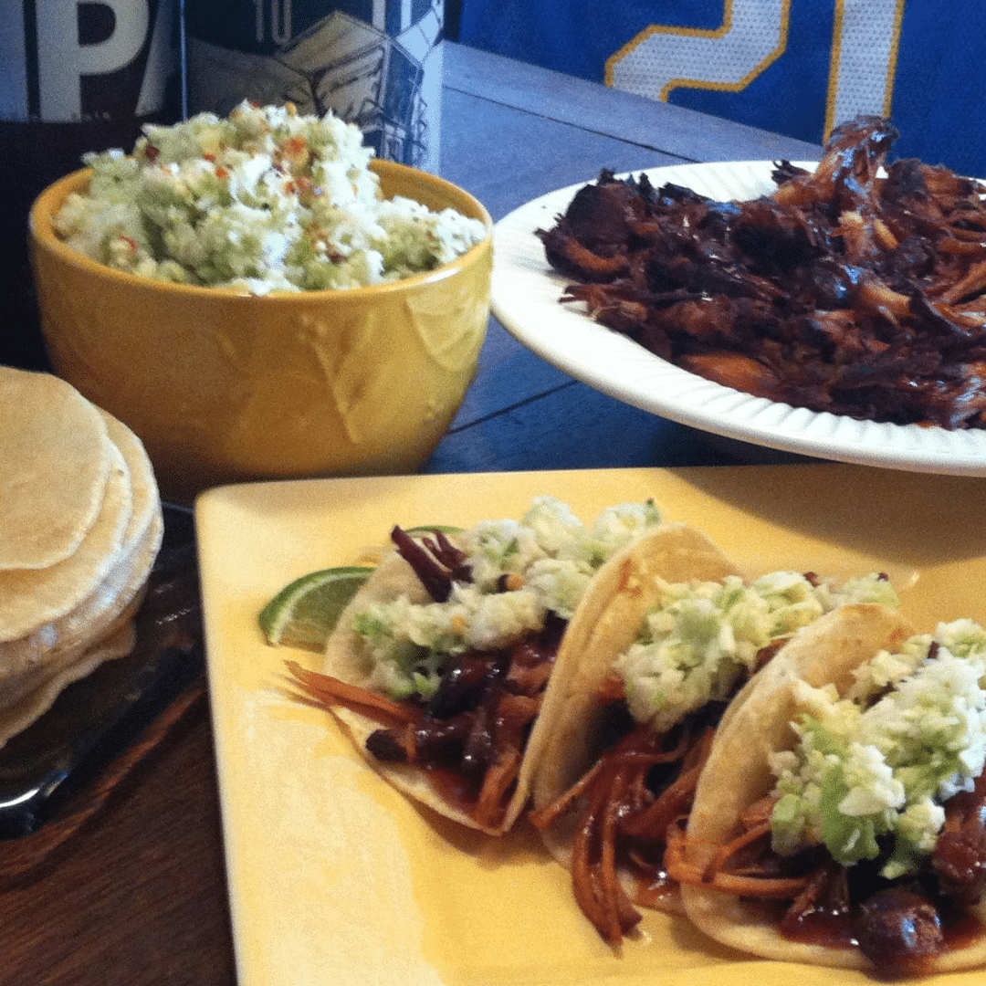 Pulled Pork Tacos with Coleslaw and Lime