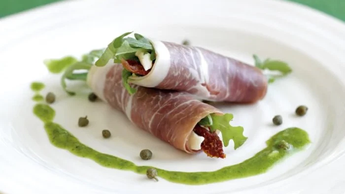 Image of Parma Ham, Mozerella & Rocket Roulades With Basil Vinaigrette