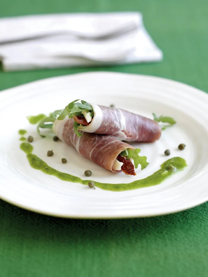 Parma Ham, Mozerella & Rocket Roulades With Basil Vinaigrette
