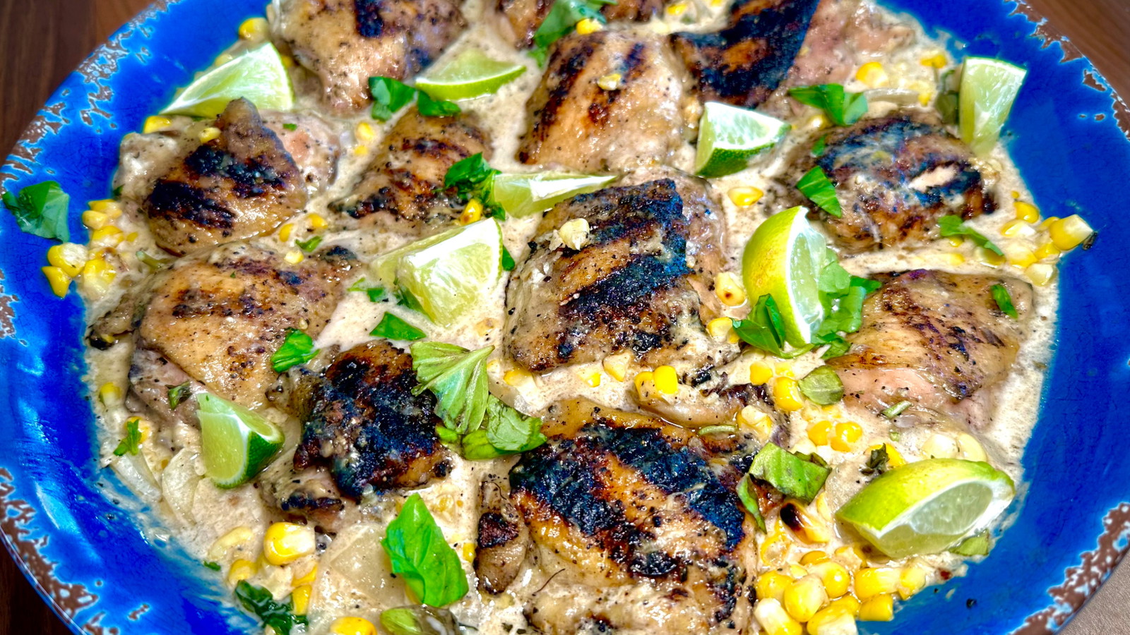 Image of The BEST Grilled Chicken Thighs with Creamed Corn & Coconut Miso Sauce