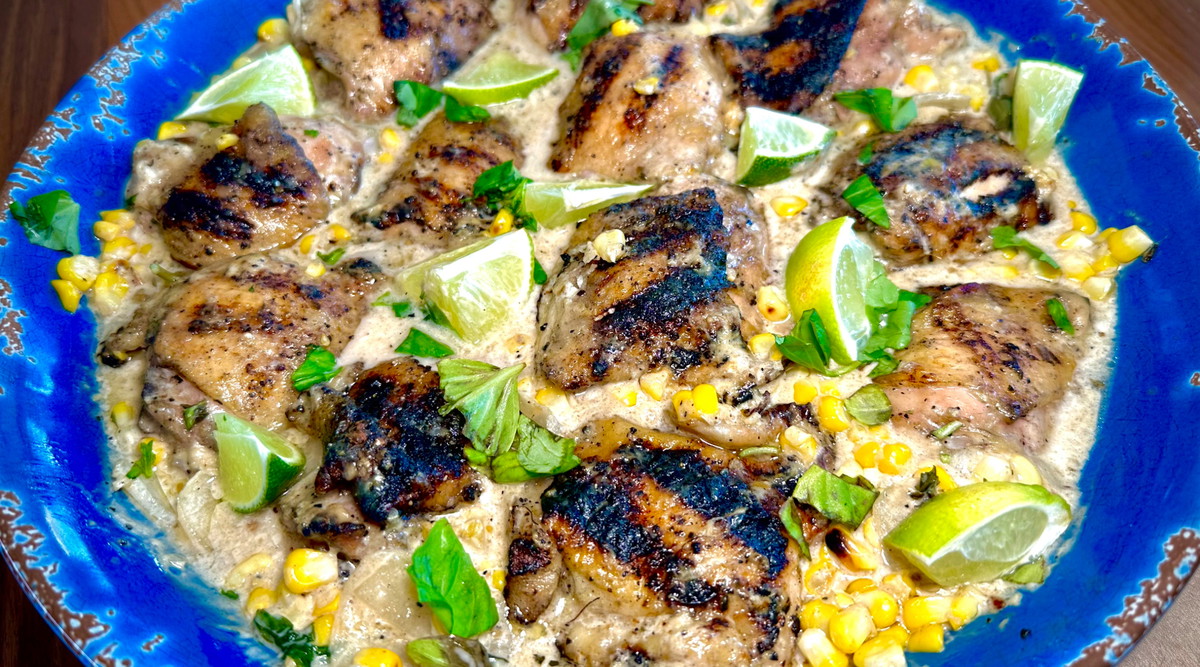 The BEST Grilled Chicken Thighs with Creamed Corn & Coconut Miso Sauce