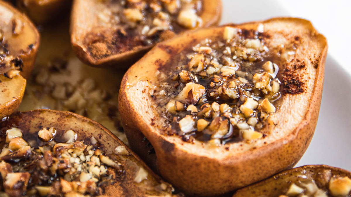 Image of Roasted Pears with Walnuts and Pomegranate Balsamic Glaze