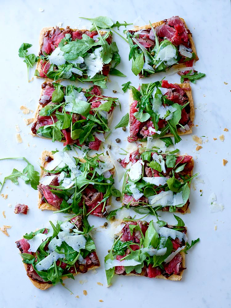 Tarte Fine with Fillet of Beef, Onion Marmalade, Pecorino & Rocket