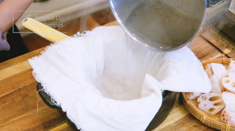 Image of Pour the blanching water through a cheesecloth to eliminate the impurities. This will make sure the soup comes out clear.