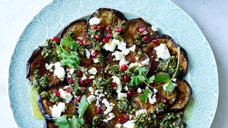 Image of Aubergine, feta & pomegranate with cashew & coriander pesto