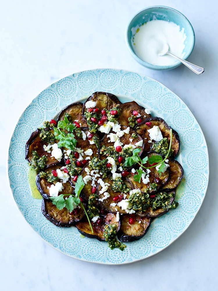 Aubergine, feta & pomegranate with cashew & coriander pesto