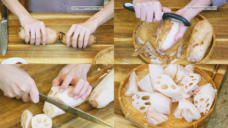 Image of Discard the end of the lotus root, peel the skin, and cut the lotus root into bite-size pieces.