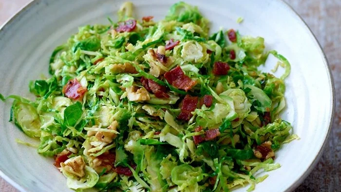 Image of Sizzling shredded sprouts with bacon & walnuts