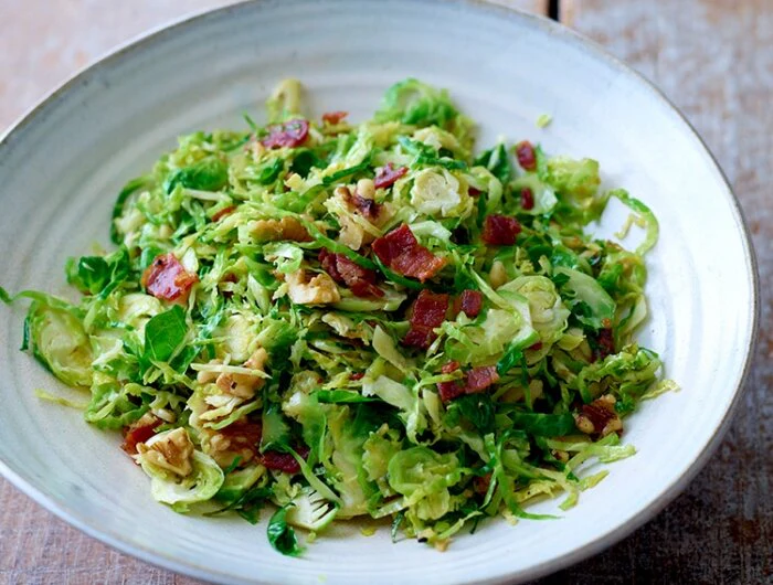 Sizzling shredded sprouts with bacon & walnuts