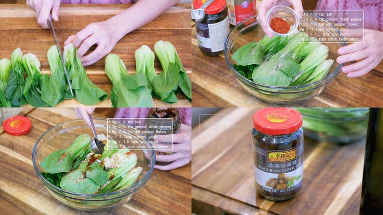 Image of Cut the bok choy in halves. Season them with ¼ tsp of salt, ½ tsp of ground black pepper, 1 tsp of red pepper flakes; If you don’t eat spicy food, you can skip it. Continue by adding 1 Tbsp...