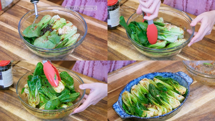 Image of Last, drizzle in 1.5 Tbsps of oil. Toss the bok choy until all the seasonings are well mixed. Place the bok choy into a baking pan. The leaves are easy to dry out in the oven so you should try...