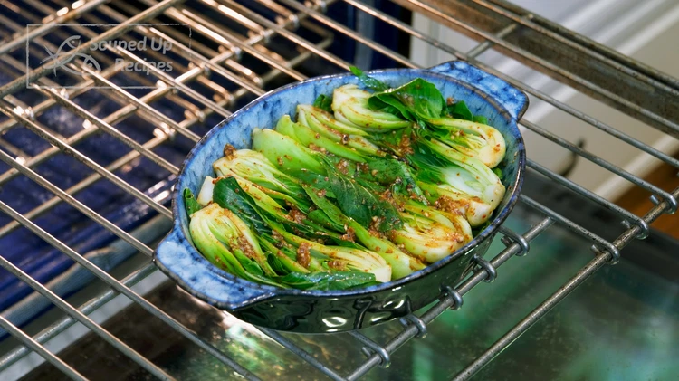 Image of The oven is done preheating by now. Stick the baking pan in and cook for 10 - 15 minutes? The timing depends on how crunchy you want your veggies to be. I cooked mine for 12 minutes.