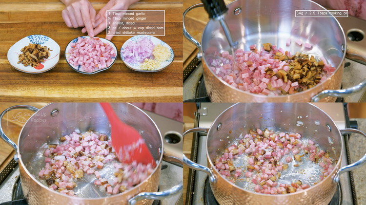 Image of Turn the heat to medium and add minced garlic, ginger, diced shallot, shiitake mushrooms, ham, and 2.5 Tbsps of oil. Stir over medium heat for 2-3 minutes or until all the aromatics are slightly golden on the edge. 