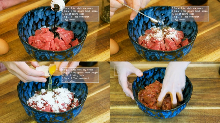 Image of Marinade the beef with 1 tsp dark soy sauce, ¼ tsp ground black pepper, ¼ tsp of baking soda, 1 Tbsp cornstarch, and 1 egg white. Mix everything until the seasonings are well combined. Then, massage the meat for a few minutes...