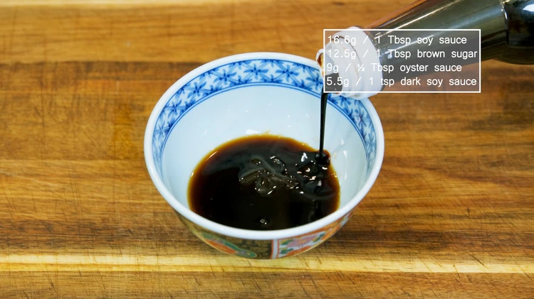 Image of To make the stir fry sauce, simply combine 1 Tbsp soy sauce, 1 Tbsp brown sugar, ½ Tbsp oyster sauce, and 1 tsp of dark soy sauce and mix well. Now we can start cooking.