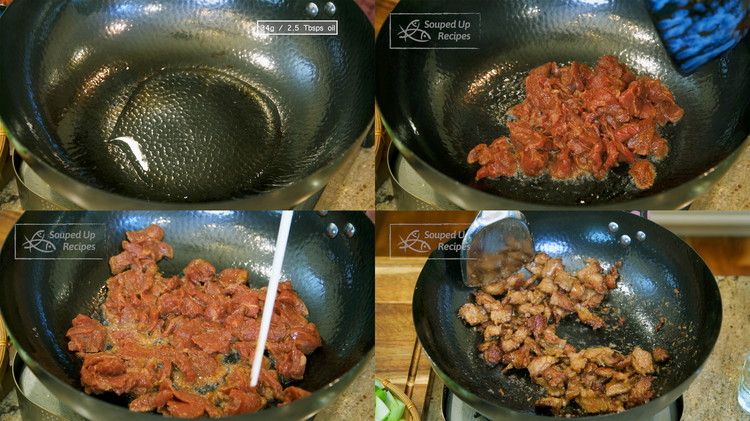 Image of Turn the heat to high and heat the wok until smoking hot. Add a drizzle of oil and swirl it around so it can create a non-stick bottom. Add the marinated beef. Spread it out first. Then, stir fry over...