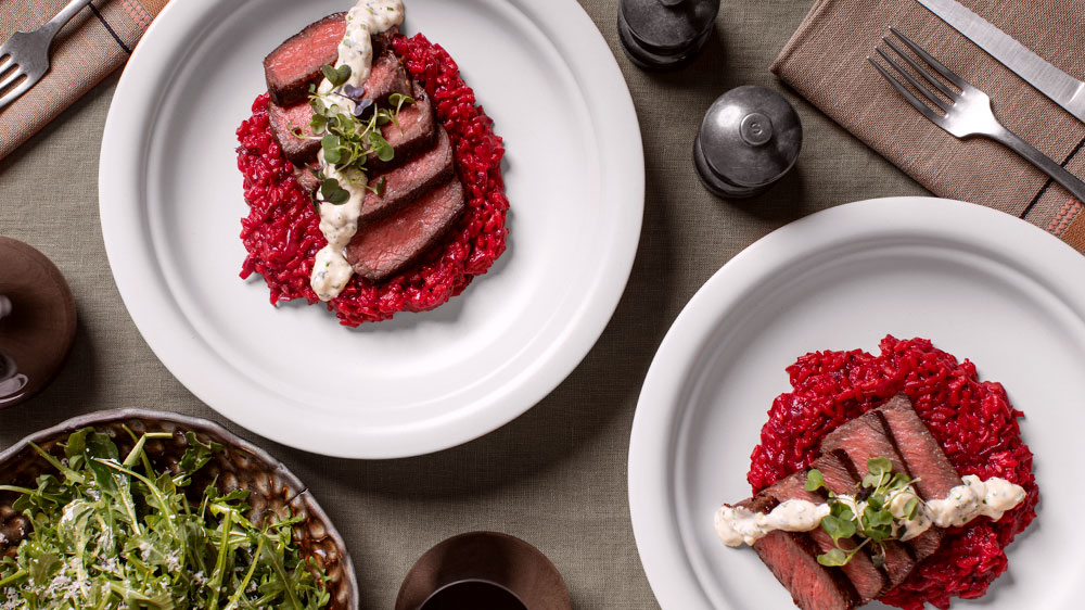 Wagyu Ribeye Filet with Beet Risotto & Herbed Goat Cheese Cream Sauce