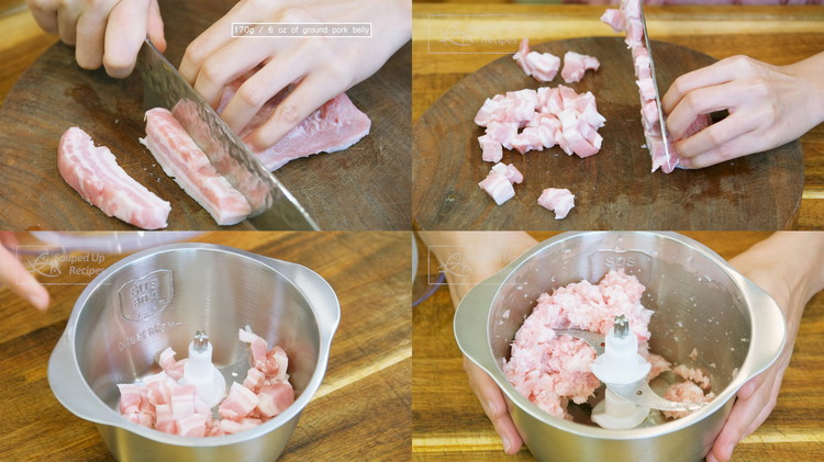 Image of Dice the skinless pork belly into bite-size pieces, add to a blender, and chop finely. If you don’t have a blender, you can use ground pork. Just make sure you pick the one that has 20% fat.