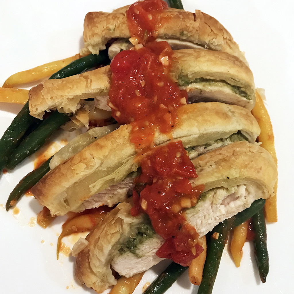 Puff Pastry Pesto Chicken with Garlic & Pesto Beans and Tomatoes