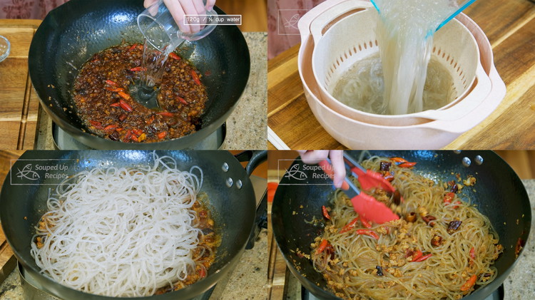 Image of Pour in ½ cups of water and bring it to a simmer. The noodles should be done soaking by now. Drain them and add them to the wok. Toss the noodle and let them cook in that delicious, savory, porky...