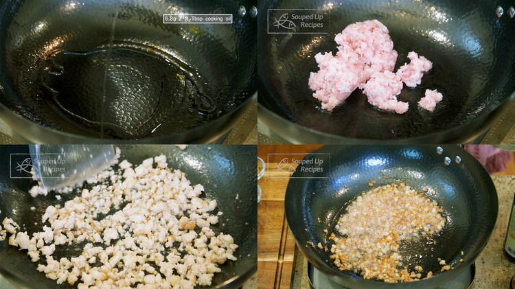 Image of Turn the heat to high and heat the wok until smoking hot. Add a drizzle of oil just to lubricate the wok to create a non-stick surface. Add the ground pork belly and spread it out. Use a spatula to...
