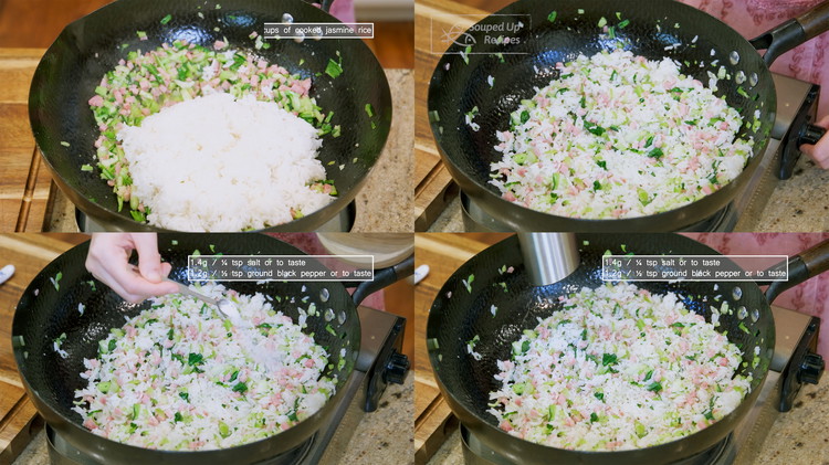 Image of Add 3 cups of cooked jasmine rice. I am just using leftovers. Stir over medium heat for 3 minutes or until the rice heats up. Give it a taste and season it with some salt and black pepper. Every brand...