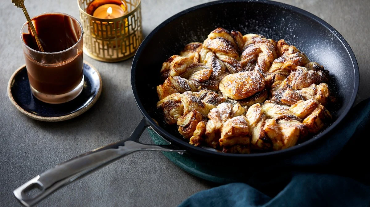 Three-flavor puff pastry star: chocolate, caramel, and custard