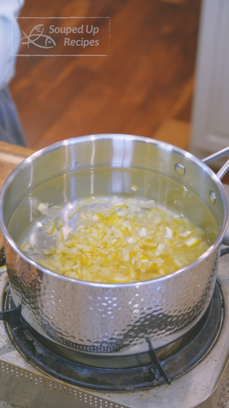 Image of Boil the diced lemon rinds for 10 minutes. Change water and soak them for 6 hours to remove the bitterness.