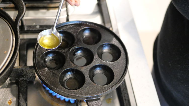 Image of Add oil to the heated pan and Pour small portions...