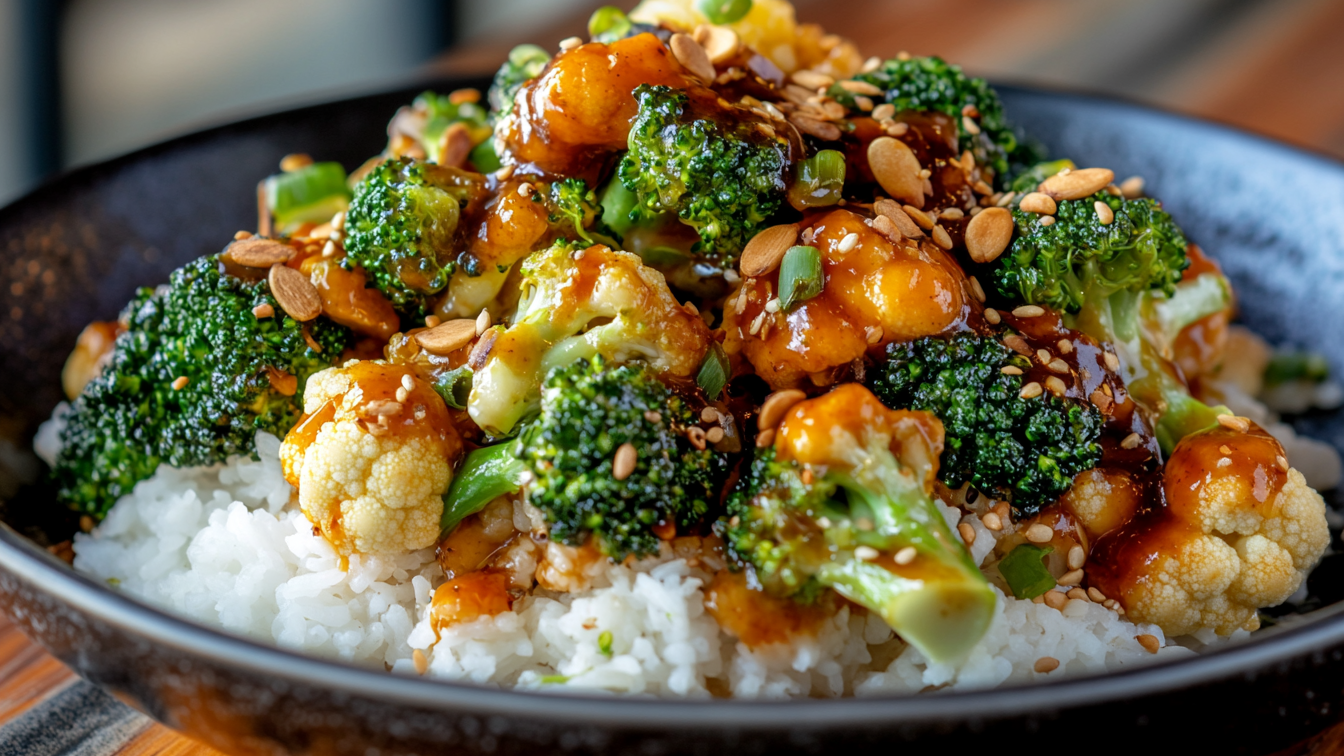 Bunte Wokpfanne mit Brokkoli und Blumenkohl, serviert mit fluffigem Reis und verfeinert mit einer würzigen Miso-Sauce.