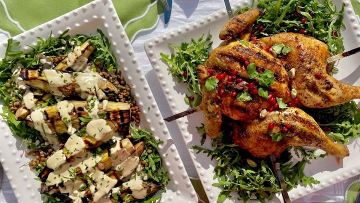 Image of Persian-Style Spatchcock Chicken, Roasted Aubergine Salad & Harissa Yoghurt