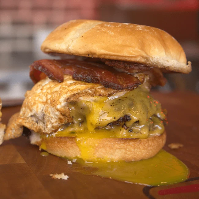 Hangover burger with bacon and eggs