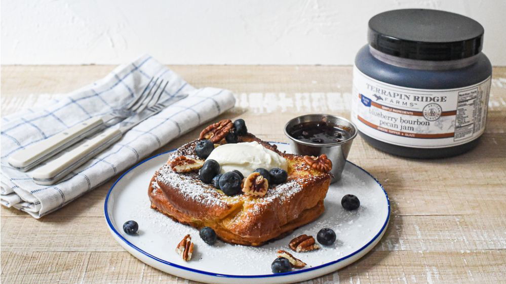 Image of Stuffed French Toast with Ricotta and Blueberry Bourbon Pecan Jam 